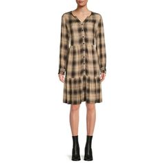 Work or weekend looks are given extra added flair with our Pilar woven plaid dress. Different plaids to choose from! Fun kicky plaids for Fall and winter weather wearing! Ankle boots are must here for an exciting updated look! Size: XXXL.  Color: Beige.  Gender: female.  Age Group: adult. Casual Plaid Dress For Fall, Casual Brown Plaid Dress For Fall, Long Sleeve Brown Plaid Dress For Fall, Casual Long Sleeve Plaid Dress For Fall, Winter Plaid Long Sleeve Dress, Long Sleeve Plaid Dress For Winter, Fall Fitted Knee-length Plaid Dress, Fitted Knee-length Plaid Dress For Fall, Fitted Brown Plaid Dress For Fall