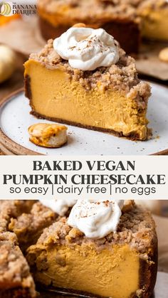 baked vegan pumpkin cheesecake with whipped cream on top