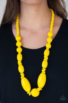 A variety of yellow wooden beads are threaded along a brown string draped across the chest for a summery flair. Sold as one individual necklace. Includes one pair of matching earrings. P2ST-YWXX-033XX Paparazzi Consultant, Wooden Bead Necklaces, Yellow Necklace, Wood Bead Necklace, Wooden Necklace, Wood Necklace, Summer Necklace, Paparazzi Accessories, Stretchy Bracelets