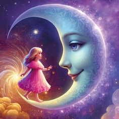 a painting of a girl walking on the moon