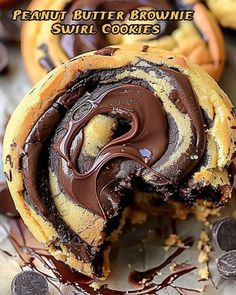 peanut butter brownie swirl cookies are cut in half and stacked on top of each other