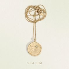 Temple of the Sun Celeste Necklace Solid Gold, hand-crafted in Byron Bay in ethical gold and White Diamonds. Shop fine jewellery and pendant necklaces. Celestial Meaning, Gold Coin Pendant, Ancient Coin, Stars Moon, Coin Pendant Necklace, Sparkling Stars, Gold Disc, Disc Pendant, Gold Coin