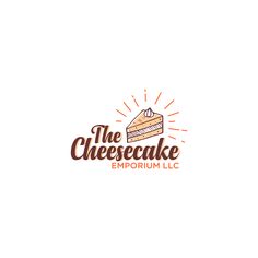 the cheesecake emporium logo is shown in brown and orange colors on a white background