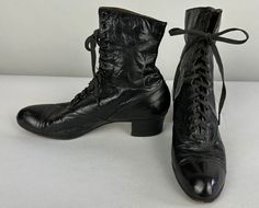 Formal Black Boots With Laces, Gothic Formal Boots With Round Toe, Victorian Leather Boots For Formal Occasions, Vintage Black Lace-up Ankle Boots, Victorian Black Boots With Round Toe, Vintage Black Ankle Lace-up Boots, Black Victorian Boots With Round Toe, Gothic Leather Boots With Laces, Victorian Black Boots For Formal Occasions