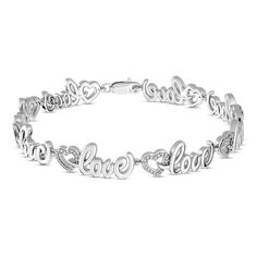 Say it out loud €” this charming bracelet has love written all over it. Diamond accents adorn the hearts, adding extra sparkle and shine to its universal expression. The bracelet is crafted in sterling silver, measures 7.5 inches and secures with a lobster clasp. Diamond Love Bracelet, Charming Bracelet, Jewelry Accessories Ideas, Real Jewelry, Love Bracelet, Sparkle And Shine, Bracelet Sterling Silver, Lovely Jewellery, Love Bracelets