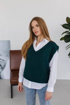 Elevate Your Wardrobe with Our Chic Green Knit Vest Wrap yourself in the cozy elegance of our Green Knit Vest, a must-have addition to your winter attire. This sleeveless wonder combines comfort and style effortlessly. 🌿 Stylish Simplicity: The rich green color exudes a sense of tranquility and sophistication, making it a versatile piece for any occasion. 🧶 Premium Quality: Crafted from soft and warm knit fabric, this vest is designed for comfort and durability, keeping you cozy during chilly Green Knit Vest, Green Sweater Vest, Fluffy Vest, Jumper Outfit, Green Beret, Winter Attire, Green Vest, Rich Green, Vest Outfits