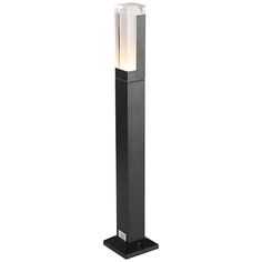 a black floor lamp with a white light on the top and bottom part of it