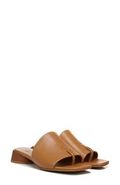 A lightly padded footbed adds comfort to this square-toe sandal set on an low cupped-oval stacked heel that you can walk on all day. 1 1/4" heel Leather upper/synthetic lining and sole Imported Women's Shoes Tan Slip-on Sandals With Branded Insole, Tan Leather Sole Slip-on Sandals, Fair Trade Leather Slip-on Sandals, Brown Synthetic Slip-on Footbed Sandals, Brown Non-slip Synthetic Sandals, Square Toe Sandals, Franco Sarto, Sandal Women, Stacked Heel