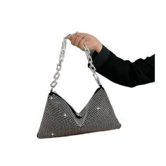 Diamonds are a girl's best friend.. Jaclyn is an exceptionally crafted designer women's shoulder bag perfect for evening events. It boasts a diamond-encrusted design with a luxurious gold link accent chain. Available in eternity silver and black silhouette, it is sure to make a stunning and impressive statement. Primary Material: Canvas Lining Material: Polyester Number of Handles/Straps: Single chain strap Interior: No pocket Size: 13.4"(L)x7.87"(W)1.2"(H) (34x20x3cm) Available in 2 exquisite c Trendy Metal Shoulder Bag For Evening, Trendy Evening Metal Bags, Trendy Metal Evening Bag, Trendy Metal Evening Bags, Luxury Silver Metal Evening Bag, Modern Party Bag With Chain Detail, Chic Metal Clutch Bag, Trendy Party Shoulder Bag With Chain Strap, Trendy Silver Evening Bag With Chain Strap