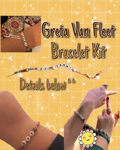 A fun 70s inspired bracelet kit to show your love and support for Greta!  Kit includes:  -A variety of beads in different colors/textures chosen to mimic the colorful aesthetic of the 70s -Beads are randomized for customizable ability as well as enough for replacements in case an accident were to occur -'GVF' alphabet letters + members name's alphabet beads if desired -Elastic cord that's long enough for perfect customization/booboos -Small storage container for the beads  -Mystery photocard fre Greta Van Fleet Bracelet, Photocard Freebies, Small Storage Containers, Sticker Product, Greta Van Fleet, S Alphabet, Bracelet Kit, Colorful Aesthetic, Alphabet Beads