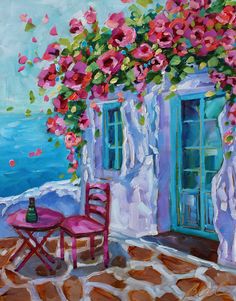 an oil painting of a table and chairs with pink flowers on the window sill