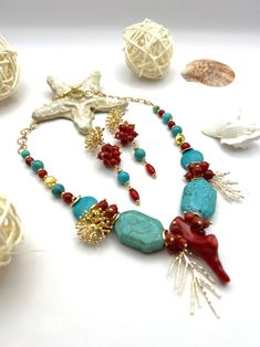 Natural coral nacklace with synthetic turquoise handmade - Etsy Украина Boho Looks, Turquoise And Coral, Natural Coral, Gift For Woman, Gift For Mum, Boho Look, Wedding Necklace, Gifts For Mum, Boho Jewelry