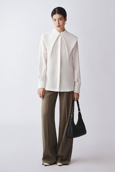 Modern White Blouse With Concealed Placket, Elegant White Blouse With Concealed Placket, Timeless Spread Collar Blouse For Work, Chic Shirt With Spread Collar For Work, Chic Spread Collar Shirt For Work, Timeless Office Blouse With Placket, Chic Workwear Shirt With Spread Collar, Chic White Blouse With Concealed Placket, Elegant Formal Shirt With Collared Neckline