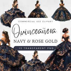 Transform any project into a magical fairytale with our stunning collection of Navy Blue and Rose Gold dress clipart. Perfect for adding a touch of royalty to blue quinceañera invitations, posters, or scrapbooks featuring princess clipart and elegant princess themes.  You are welcome to use the graphics inside your products for sale, including template-based software like: - Canva - Templett - Corjl Limitations: Please do not redistribute or resell as clip art. Included are: 13 Navy Blue and Ros Navy Blue And Gold Quinceanera Dresses, Dark Blue Quinceanera Dresses, Blue Princess Gown, Rose Gold Quinceanera Dresses, Navy Blue And Rose Gold, Birthday Party Elegant, Fashion Birthday Party, Rose Gold Quinceanera, Quinceañera Invitations