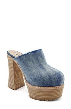 Maximize the retro impact of your look with a classic clog lifted by a bold platform sole. 5 1/2" heel; 1 3/4" platform Textile upper/leather lining and sole Imported Casual High Heel Chunky Platform Clogs, Retro Spring Platform Clogs, Denim Platform High Heels, Denim Blue Platform Heels With Round Toe, Casual Mules With 4-inch Heel And Round Toe, Casual Closed Toe Clogs With 4-inch Heel, Casual Blue Platform Clogs, Casual Denim Platform Heels, Blue Platform Slip-on Clogs