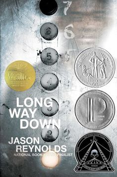 the cover of long way down by jason ryrnolds, with three different coins