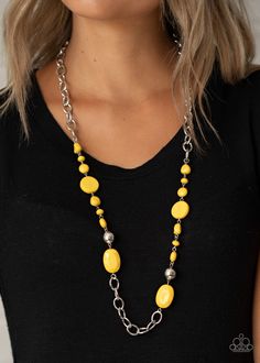 Varying in size and shape, flat and faceted yellow beads link with a pair of classic silver beads along sections of bold silver links, coalescing into a colorful display across the chest. Features an adjustable clasp closure. Hanging Necklaces, Yellow Necklace, Paparazzi Accessories, Paparazzi Jewelry, Dainty Jewelry, Boutique Jewelry, Selling Jewelry, Necklace Earring Set, Faceted Bead