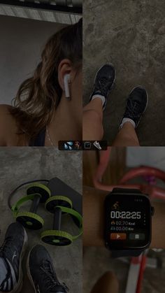 a collage of photos showing different types of sports shoes and watches on wristbands