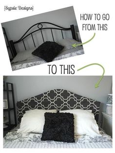 two pictures showing how to make a headboard for a bed with pillows on it