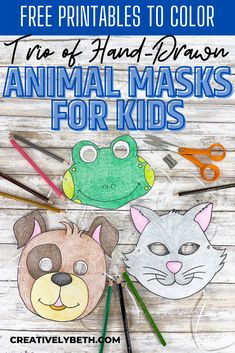 two animal masks for kids to color with the text free printables to color