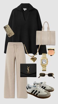 #outfitinspo Comfy Sophisticated Outfit, Airport Spring Outfits, Sporty Old Money Outfits, Chic Comfy Outfits Winter, Classy Leggings Outfit, Airport Looks Women, Plane Outfit Airport Style Comfy, Beige Top Outfit, Cinema Date Outfit