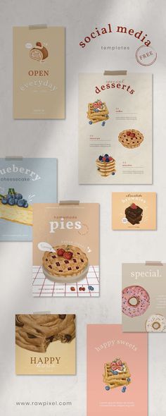 an assortment of greeting cards and envelopes with images of pastries, donuts, pies and more