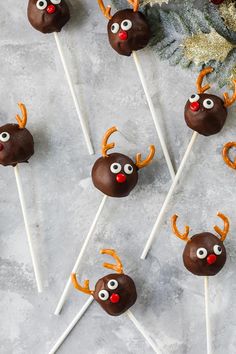 chocolate reindeer lollipops on sticks with fake antlers