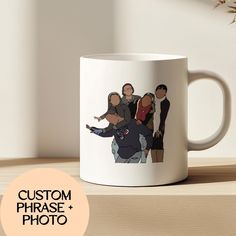 a white coffee mug with an image of the cast of star trek into space on it