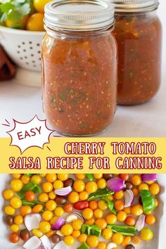 two mason jars filled with salsa and vegetables