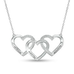 Make your mom's day special with this personalized heart necklace. Created in sterling silver, this charming style showcases a trio of interlocked hearts - each adorned with beaded detailing and shimmering diamond accents. Show your appreciation with a name, date or message - each up to 9 characters in length - one inscribed in the font of your choice along the bottom edge of each heart. Buffed to a brilliant luster, this style is centered along an 18.0-inch cable chain that secures with a sprin Personalized Heart Necklace In Sterling Silver, Personalized White Gold Heart Necklace For Mother's Day, Silver Double Heart Name Necklace, Silver Elegant Double Heart Name Necklace, Customizable Silver Open Heart Jewelry, Customizable Silver Jewelry With Heart Cut, Customizable Silver Heart Cut Jewelry, Heart Beads Open Heart Jewelry For Mom, Silver Jewelry With Heart Beads For Anniversary Gift