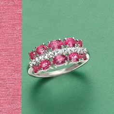 Ross-Simons - 1.30ct t. w. Pink Topaz, .20ct t. w. White Zircon Ring in Silver. Size 9. Every girl deserves some glitz and glam! Our fabulous ring features a sparkling stripe of .20 ct. t. w. round white zircon framed by two vibrant rows of 1.30 ct. t. w. oval and round pink topaz gems on a sterling silver band. 1/4" wide. White zircon and pink topaz ring. Pink Topaz Ring, Pink Topaz, Zircon Ring, Glitz And Glam, Sterling Silver Bands, Topaz Ring, Every Girl, Silver Band, Topaz