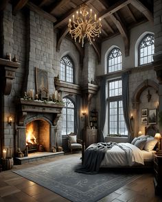 a bedroom with a fireplace and chandelier hanging from the ceiling in front of two windows