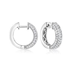 Ross-Simons - 1.00 ct. t. w. Diamond Hoop Earrings in 14kt White Gold. 5/8". Brimming with superb sparkle, these classically beautiful hoop earrings cast quite a glow with 1.00 ct. t. w. round brilliant-cut diamonds set in pristine 14kt white gold. A timeless pair you'll treasure for decades! Hanging length is 5/8". Hinged post, diamond hoop earrings. Diamond birthstones are the perfect gift for April birthdays. Classic Diamond White Huggie Earrings With Halo Design, Classic Huggie Earrings With Halo Design For Formal Occasions, Classic Formal Huggie Earrings With Halo Design, Classic Small Hoop Brilliant Cut Diamond Earrings, Wedding Pave Setting Round Huggie Earrings, Classic Pave Setting Huggie Earrings For Anniversary, Classic Small Hoop Diamond Earrings For Anniversary, Formal Diamond Hoop Earrings With Pave Setting, Classic Huggie Earrings With Round Cut Pave Setting