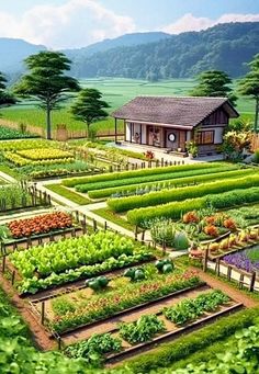 an artist's rendering of a vegetable garden with a house in the background and trees