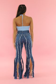 High waisted denim, shredded bottom, with little stretch. 98% Cotton 2% Spandex Model is 5’0 Wearing a Small Stretch Medium Wash Jeans For Night Out, Stretch Distressed Denim Blue Flare Jeans, Stretch Denim Blue Distressed Flare Jeans, Stretch Distressed Flare Jeans In Denim Blue, Stretch Ripped Denim Blue Flare Jeans, Stretch Distressed Cutoff Jeans, Distressed Stretch Cutoff Jeans, Stretch High Rise Distressed Flare Jeans, Stretch Ripped Flare Jeans In Denim Blue