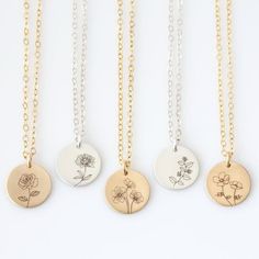 Keep your little ones close to your heart with this Personalized Birth Flower Necklace! Its great for layering, a wonderful minimalist piece, perfect gift for your wife, girlfriend, Mothers Day gift or simply to treat yourself! Engraved and hand assembled with care and love, it comes in 14k gold Birth Flower Necklaces, Everyday Jewelry With Flower Charm For Mother's Day, Delicate Round Pendant Charm Necklace For Mom, Mother's Day Dainty Flower Charm Necklace, Dainty Birth Flower Charm Necklaces, Dainty Birth Flower Charm Necklace With Flower Pendant, Dainty Birth Flower Charm Necklace, Dainty Flower Charm Necklace For Mom, Everyday Charm Necklace With Round Flower Pendant