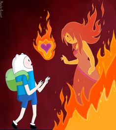 an image of a man and woman in front of a fire with hearts on it