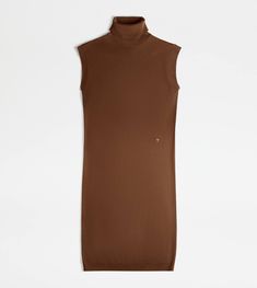 Sleeveless high-neck dress, crafted in refined silk blend wool knit. A feminine and sophisticated style with a minimal line, enriched by the T detailing inlaid on the side. Runway Top, Wool Knit, Brown Dress, Italian Style, Sophisticated Style, Trainers Women, Dress Collection, Brown And Grey, Neck Dress