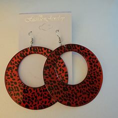 Nip Fashion Jewelry Red & Black Leopard Print Earrings. These Are Costume Earrings, Not Sterling Silver. They Are 2. 5 Around Measurements: All The Measurements Are In The Photos. Material: Plastic Metal Comes From A Smoke-Free Home, Dog Friendly. Trendy Red Round Jewelry, Trendy Red Party Earrings, Trendy Red Hoop Earrings For Party, Cheap Bold Red Jewelry, Trendy Red Circular Jewelry, Leopard Print Jewelry, Leopard Earrings, Adjustable Leopard Print Earrings For Gift, Trendy Leopard Print Dangle Earrings