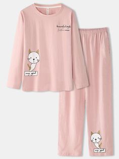 I found this amazing Women 100% Cotton Cute Cat Print Long Sleeve Lounge Home Pajamas Set with US$23.69,and 14 days return or refund guarantee protect to us. --Newchic Pijamas Women, Pyjama Satin, Women Cartoon, Pajama Fashion, Cute Sleepwear, Cute Pajama Sets, Pajama Outfits, Korean Casual Outfits, Night Suit