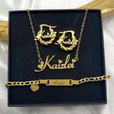 Stainless steel and gold platedThis set includes 1x name tiny twist hoops 1x 16” name necklace 1x baby ID bracelet Bracelet Set Silver, Heart Letter, Gold Bracelet Set, Mini Hoop Earrings, Love Bracelet, Id Bracelets, Name Jewelry, Letter Necklace, Love Bracelets