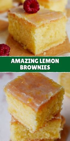 two pictures of lemon brownies stacked on top of each other with raspberries