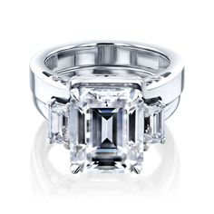 Kobelli 5 1/2 CTW 3-Stone Emerald Moissanite Bridal Set Pave Band Engagement Ring, White Gold Bridal Set, Moissanite Bridal Sets, Bridal Diamond Jewellery, Emerald Cut Moissanite, Buying Diamonds, White Gold Band, Bridal Set, Ring Size Guide