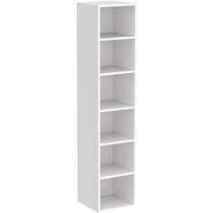 a tall white shelf with five shelves on each side