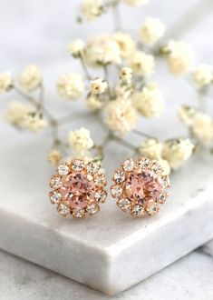 Bridal Blush Crystal Stud Earrings, Blush Stud Earrings, Flower girl Blush Earrings, Flower Girl Crystal Earrings, Bridesmaids Earrings Elegant Peach Wedding Earrings, Elegant Peach Earrings For Wedding, Formal Pink Flower Earrings, Formal Pink Round Flower Earrings, Feminine Rose Gold Wedding Earrings, Rose Gold Flower Shaped Wedding Earrings, Rose Gold Flower-shaped Wedding Earrings, Pink Earrings For Bridesmaids, Rose Gold Flower Earrings For Wedding