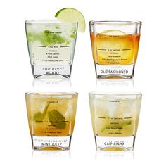 four glasses filled with different types of drinks