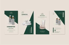 three vertical banners for cosmetic products with green and white shapes on the front, side and back