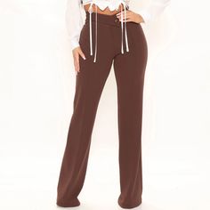 Sexy Wide Leg Pants, Never Worn, New With Tags Fitted High-waisted Pants For Date Night, Fitted Brown Wide Leg Pants, Trendy Style, Solid Mid-rise Pants For Night Out, High-waist Bottoms For Date Night, Trendy Fitted Brown Wide Leg Pants, Solid High-waisted Pants For Date Night, Trendy High Waist Pants For Date Night, Chic Mid-rise Brown Pants, High Waist Non-stretch Pants For Date Night