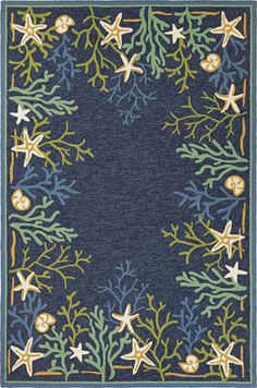 a blue rug with starfish and corals on it