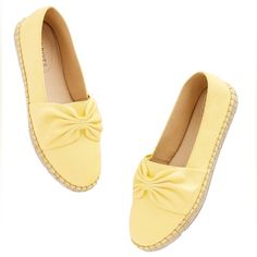 New Adorable Talbots Izzy Cinched Nappa Yellow Leather Espadrilles In Lemon Chiffon Yellow Leather Uppers With Cinched Bow Like Detail Rounded Toe Tan Jute Woven Braided Roping Around The Outer Sole Rubber Bottom Sole Memory Foam Footbed 0.5” Platform Sole New And Never Worn. There Are Tiny Holes Where The Jute Had Been Woven Through The Leather. See Photo. Size 9.5 Casual Yellow Leather Flats, Casual Yellow Flats With Round Toe, Casual Yellow Round Toe Flats, Chic Yellow Flats For Spring, Yellow Slip-on Closed Toe Flats, Yellow Round Toe Espadrilles For Spring, Yellow Slip-on Flats For Summer, Yellow Closed Toe Espadrilles For Vacation, Yellow Slip-on Flats For Spring